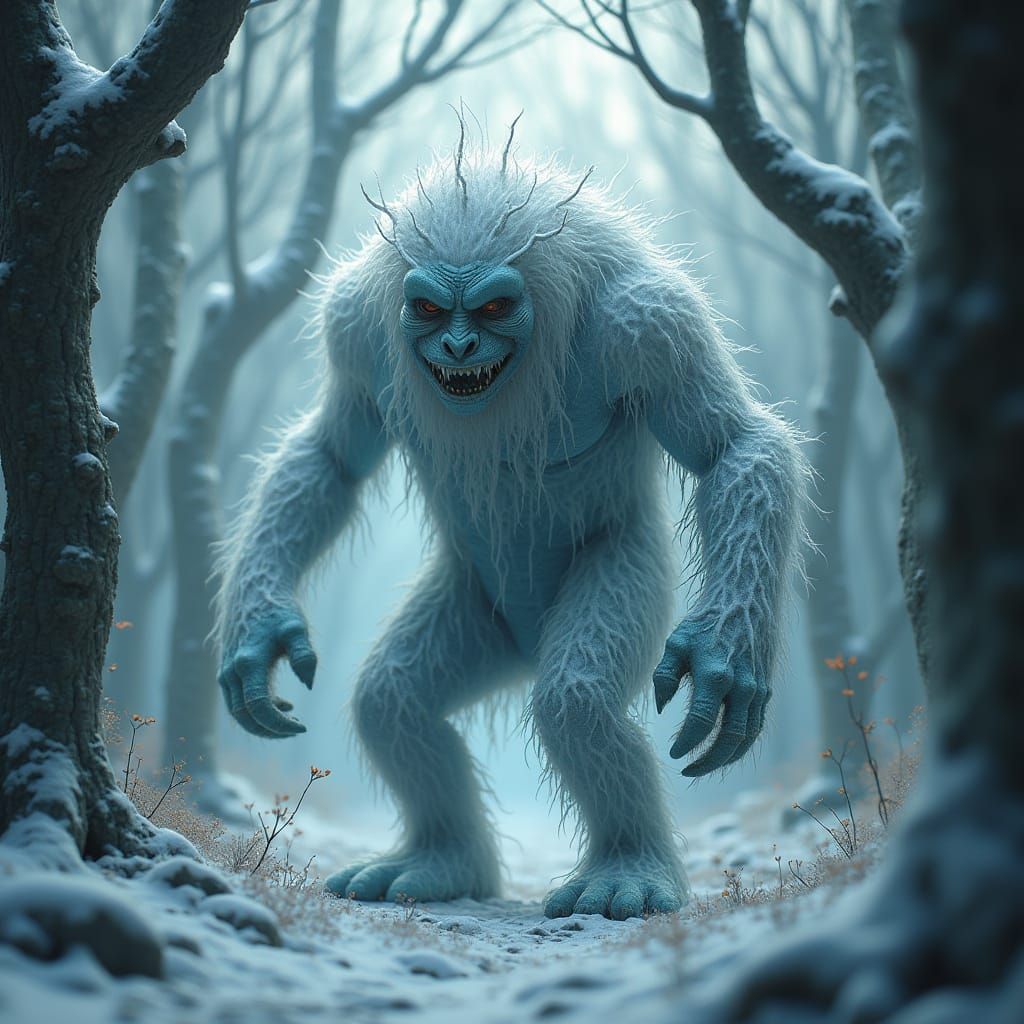 Abominable Snowman in Mystical Forest with Zentangle Pattern...