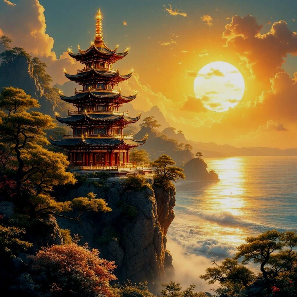 Celestial Pagoda at Sunset in Xianxia Style