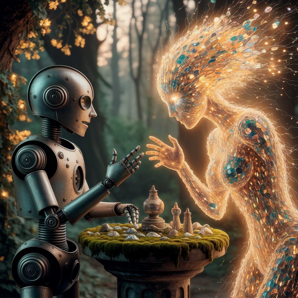 Robot Bartering with Light Being in Art Nouveau Style