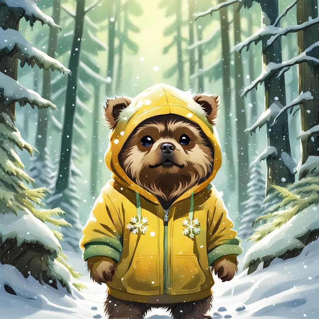 Whimsical Ewok in Snowy Forest, Digital Art