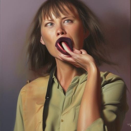 Woman With Gumboots on Mouth, Oil Painting