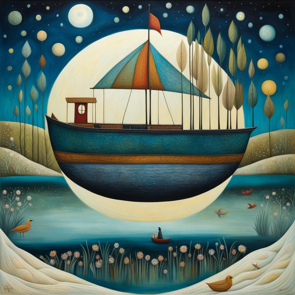 Art Brut River Scene with Small Boat