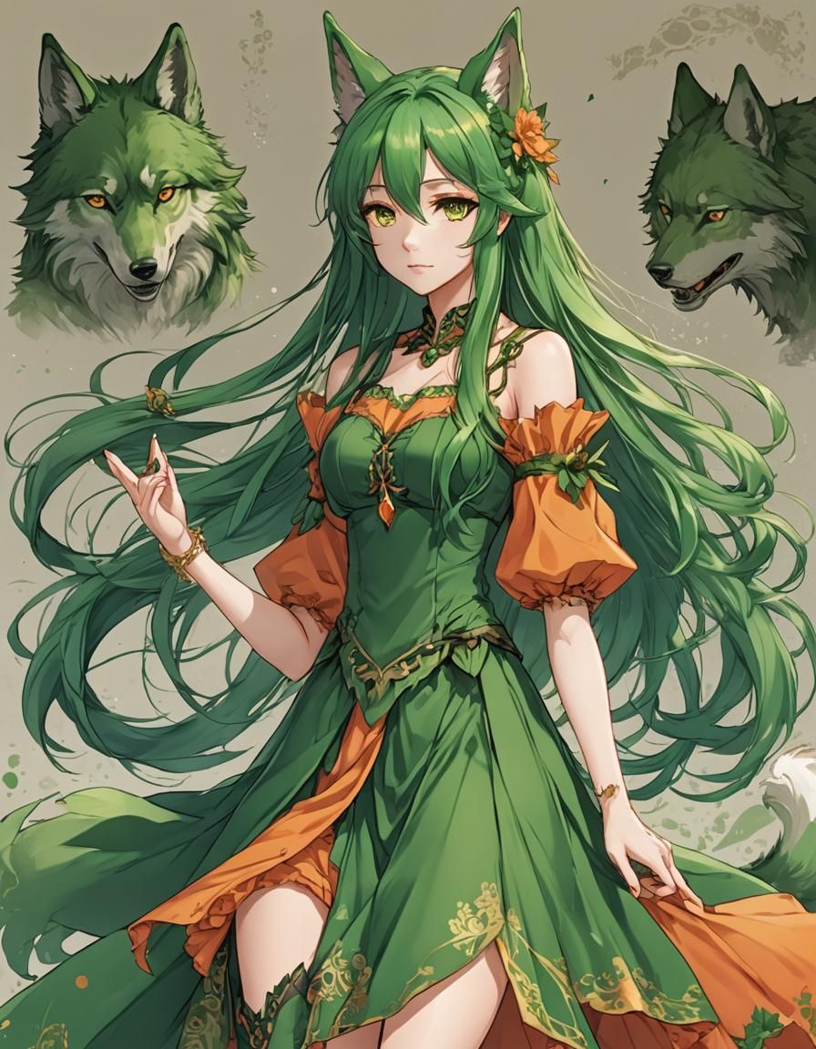 Anime Girl with Green Hair and Wolf Features