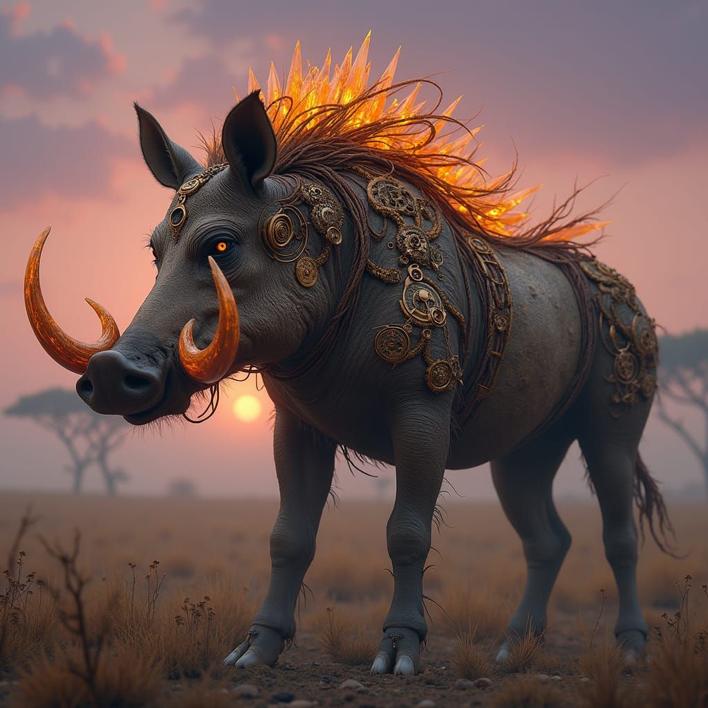 Mystical Warthog with Copper-Coiled Tusks and Brass Clockwor...