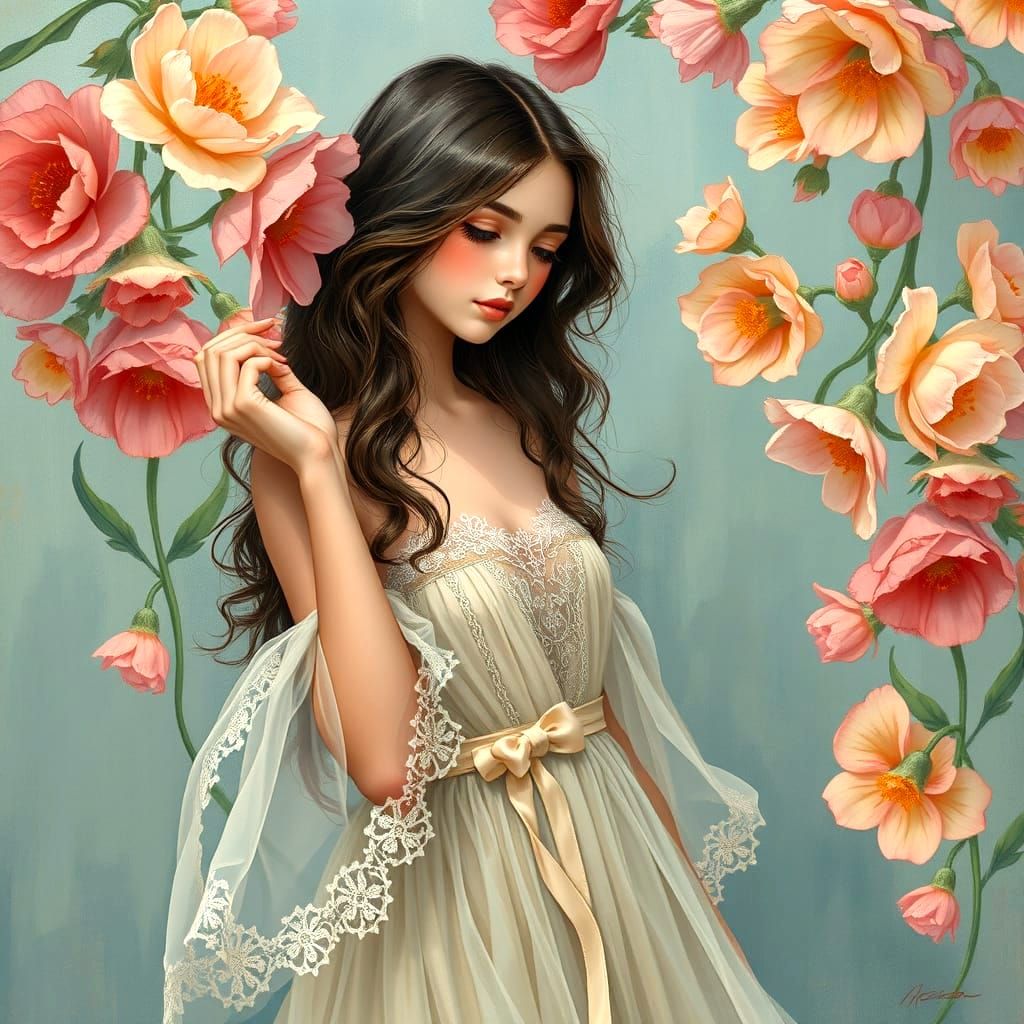 Charming Woman in Transparent Dress Among Vibrant Flowers