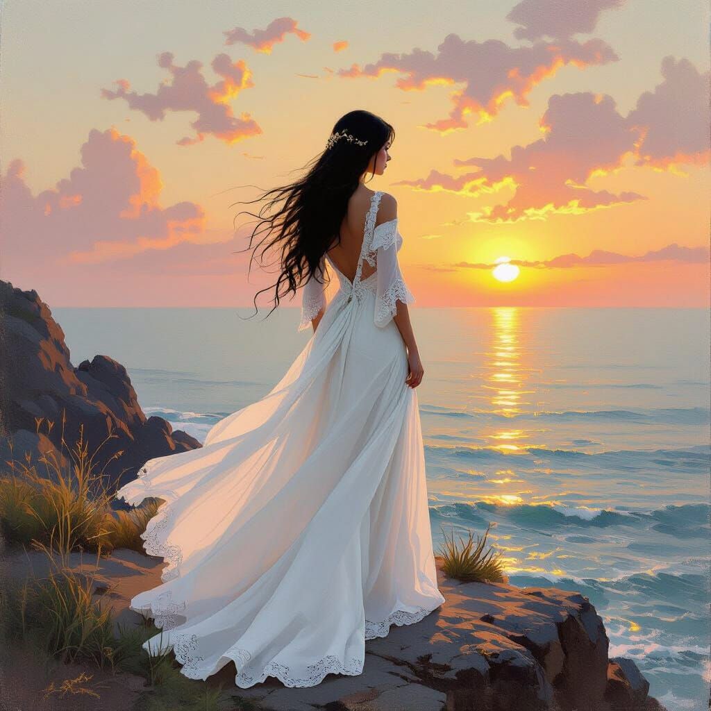 Woman in White Gown Gazing at Sunset
