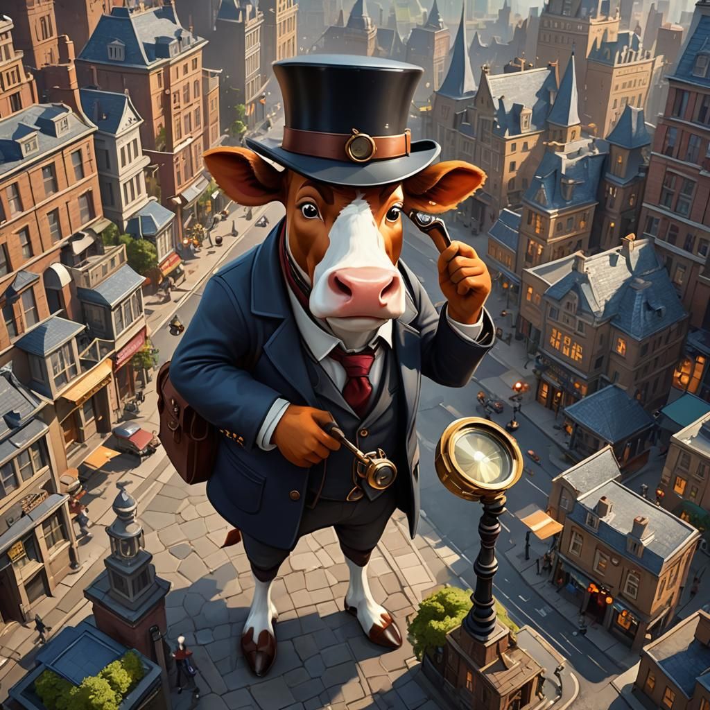 “A charming cow cartoon detective with a magnifying glass an...