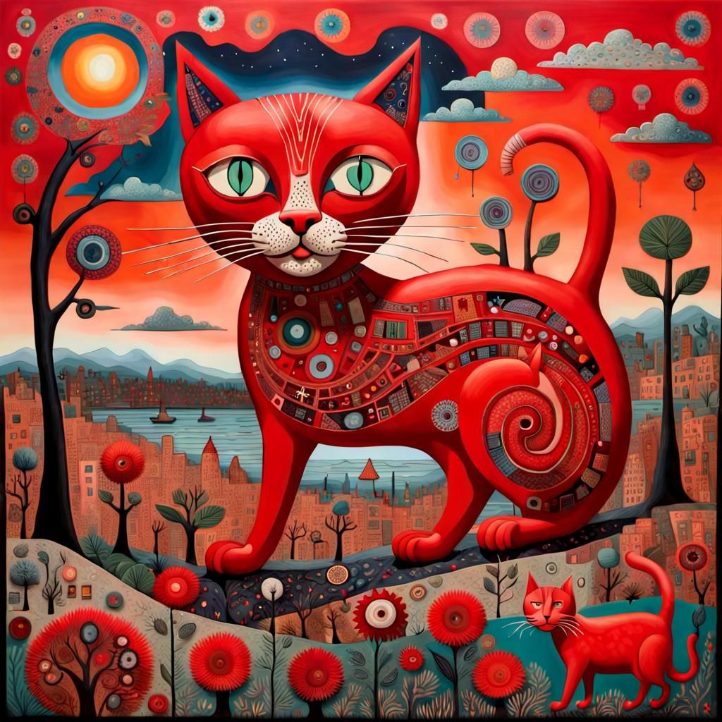 Whimsical Red Cat in Folk Art Style
