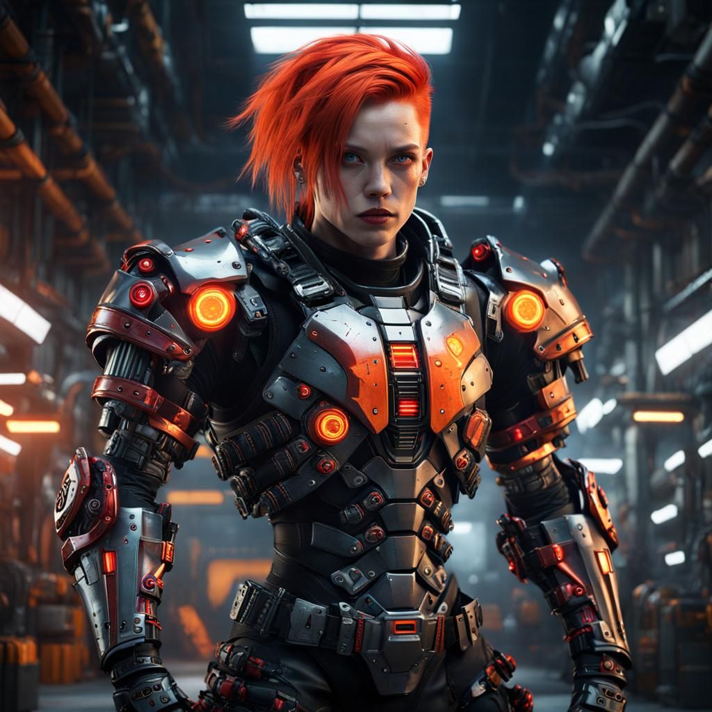 Cyberpunk Woman with Cyborg Arms in Cyber Garage