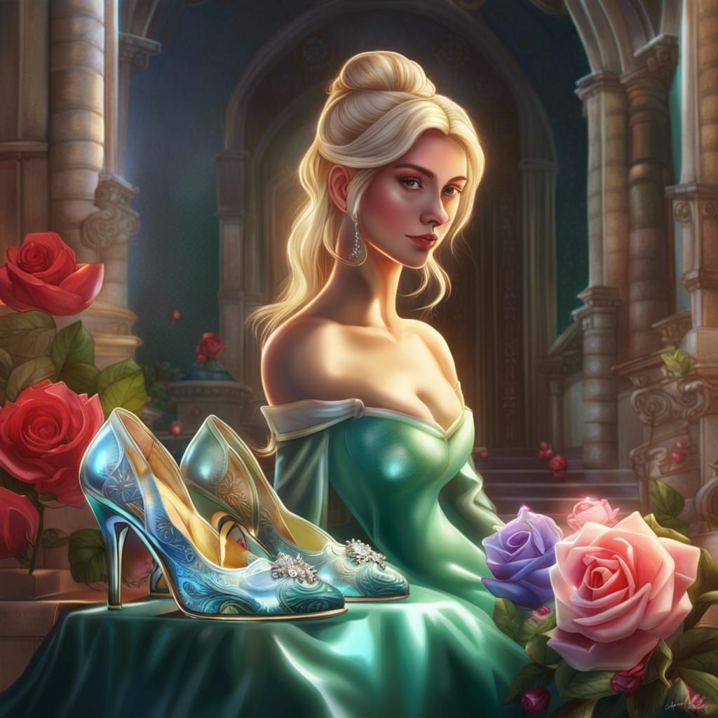 Hyperrealistic Cinderella with Glass Slipper and Roses