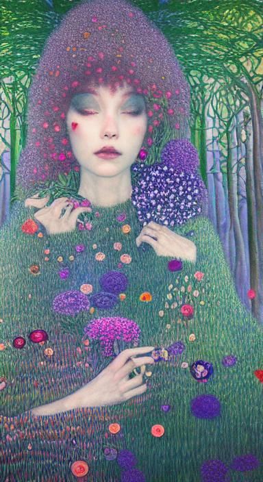 Sunset Woman in Enchanted Forest, Art Nouveau Style