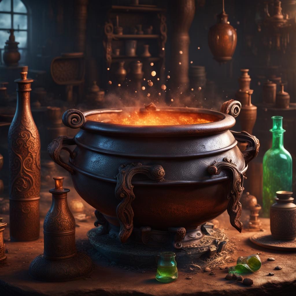 Fantastical Cauldron and Bottles in Detailed Matte Painting