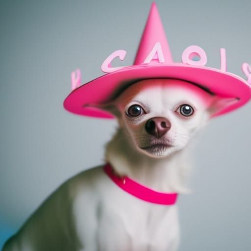 White Chihuahua Celebrates Birthday in Pink Hat
