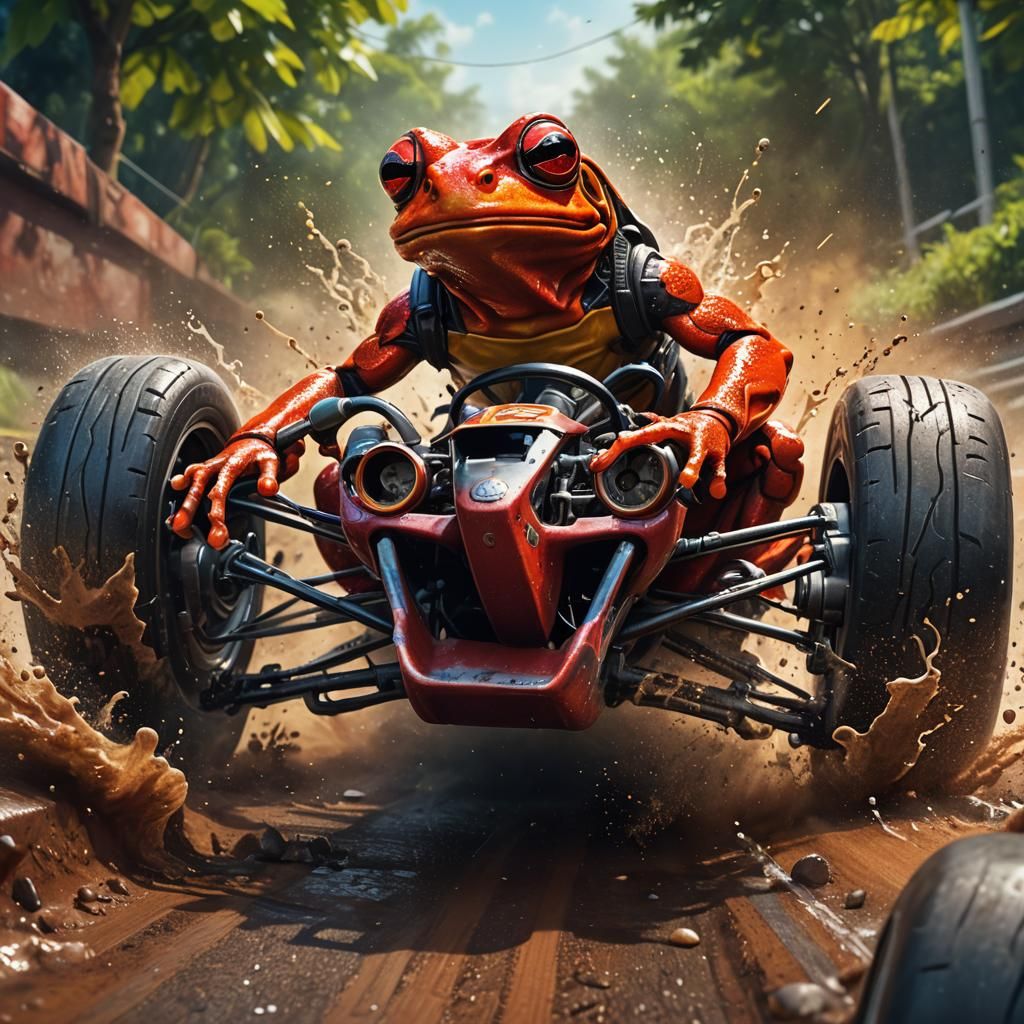 Hyperrealistic Frog Races in Vintage Car