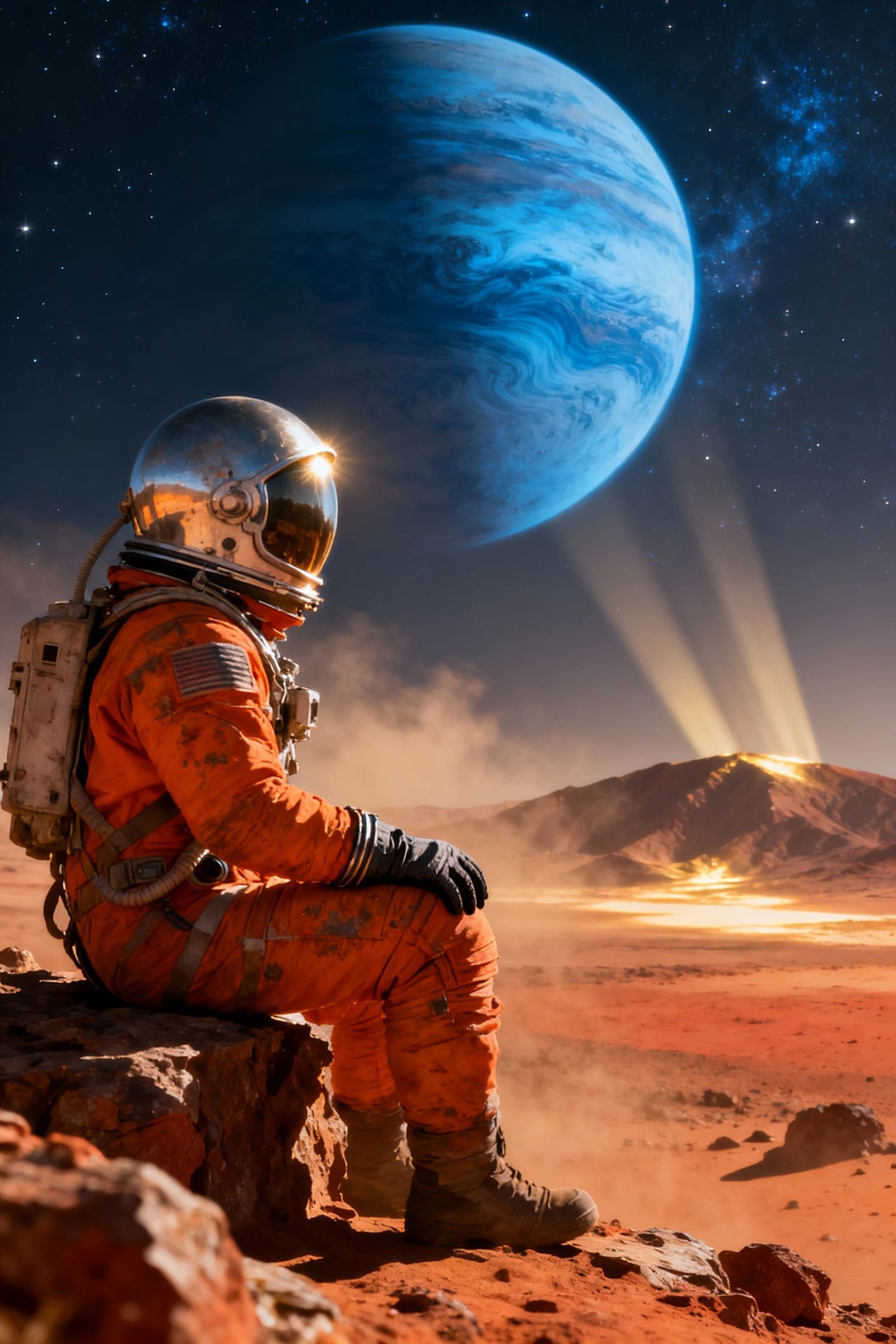 Astronaut Contemplates Mars-like Desert Under Alien Planet