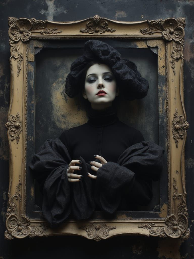Goth Girl in Ornate Frame, Dark Atmospheric Style