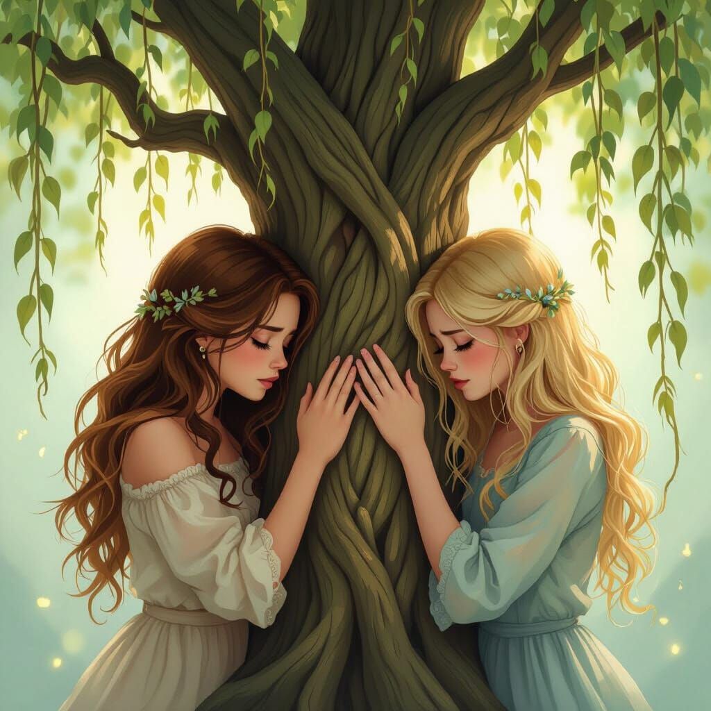 Sisters Grieve by Mystical Willow Tree