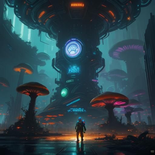 Mushroom in Cyberpunk City: Hyperdetailed Splash Art