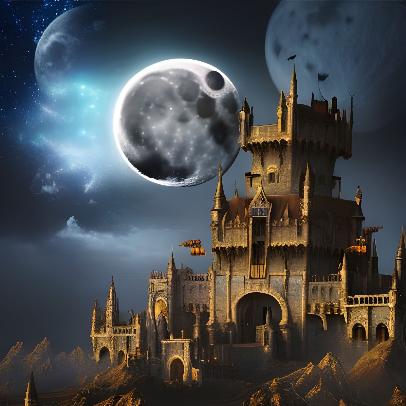 Night Castle Under a Huge Moon