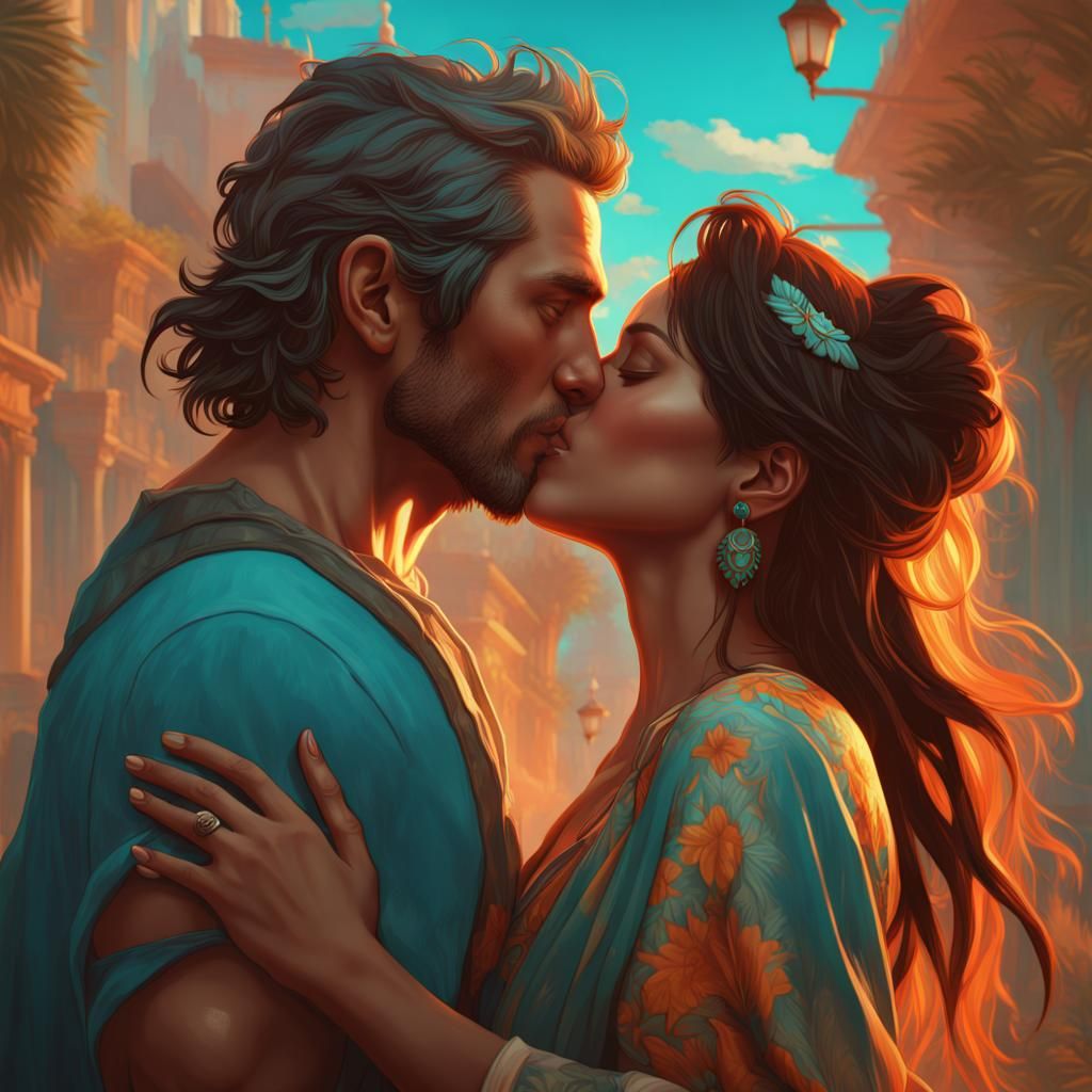 Passionate Kiss in Hyperdetailed Splash Art Style