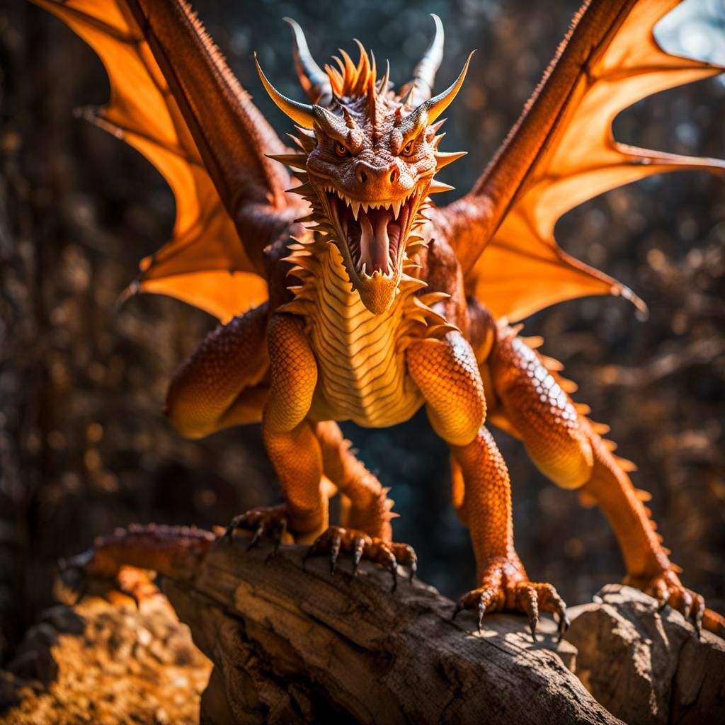 Winged Orange Dragon Snarling in Soft Light