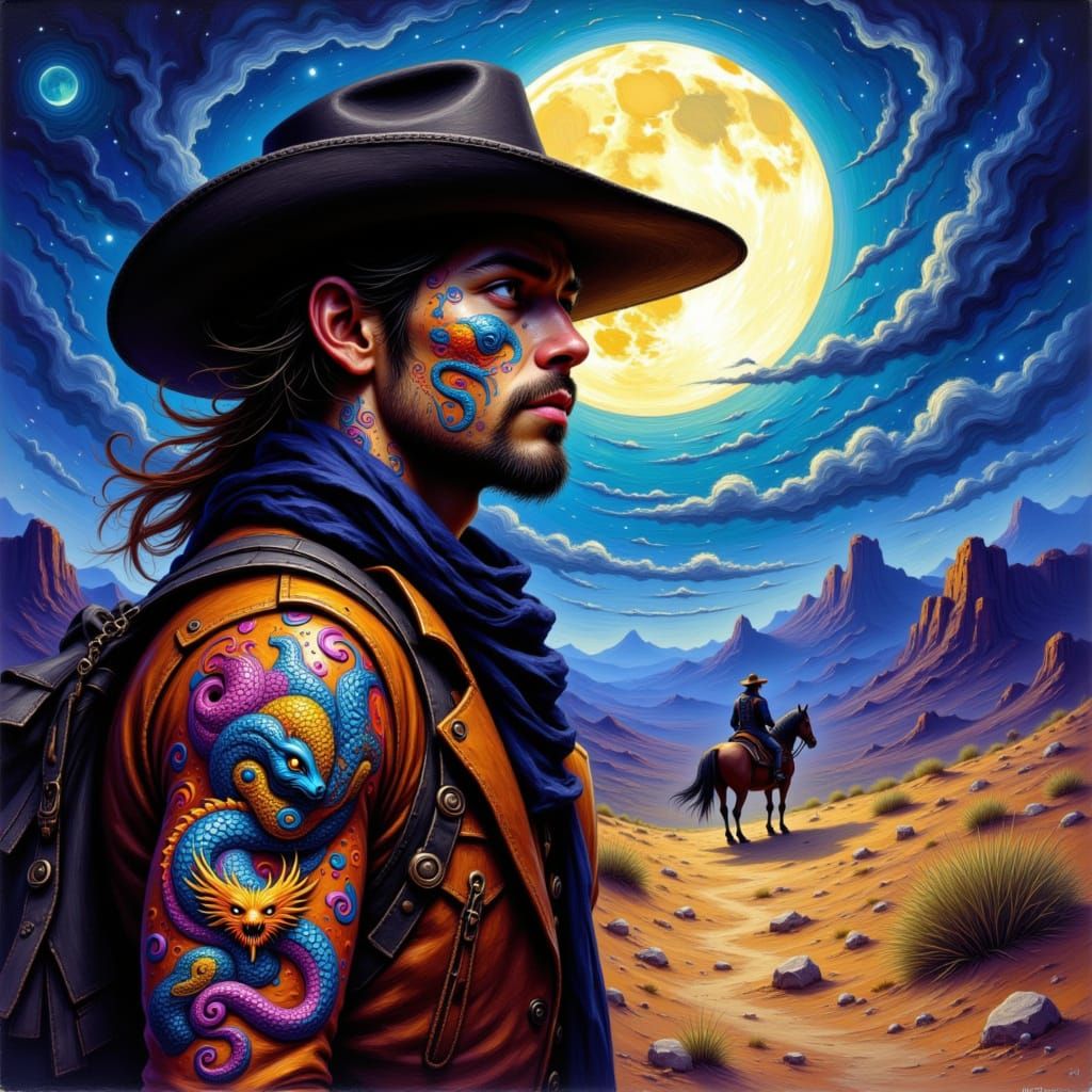 Cowboy with Dragon Tattoos Under Moonlit Desert Sky