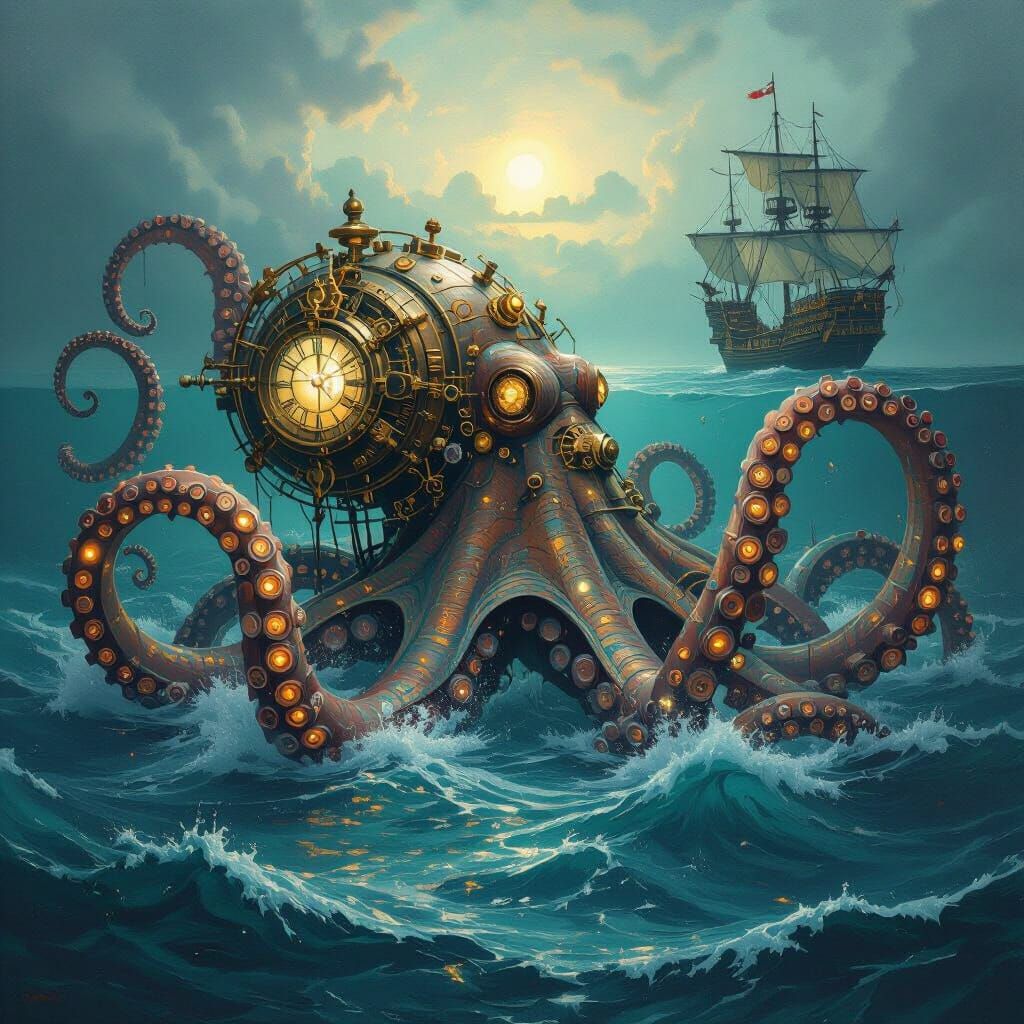 A majestic clockwork kraken rises from the depths of the oce...