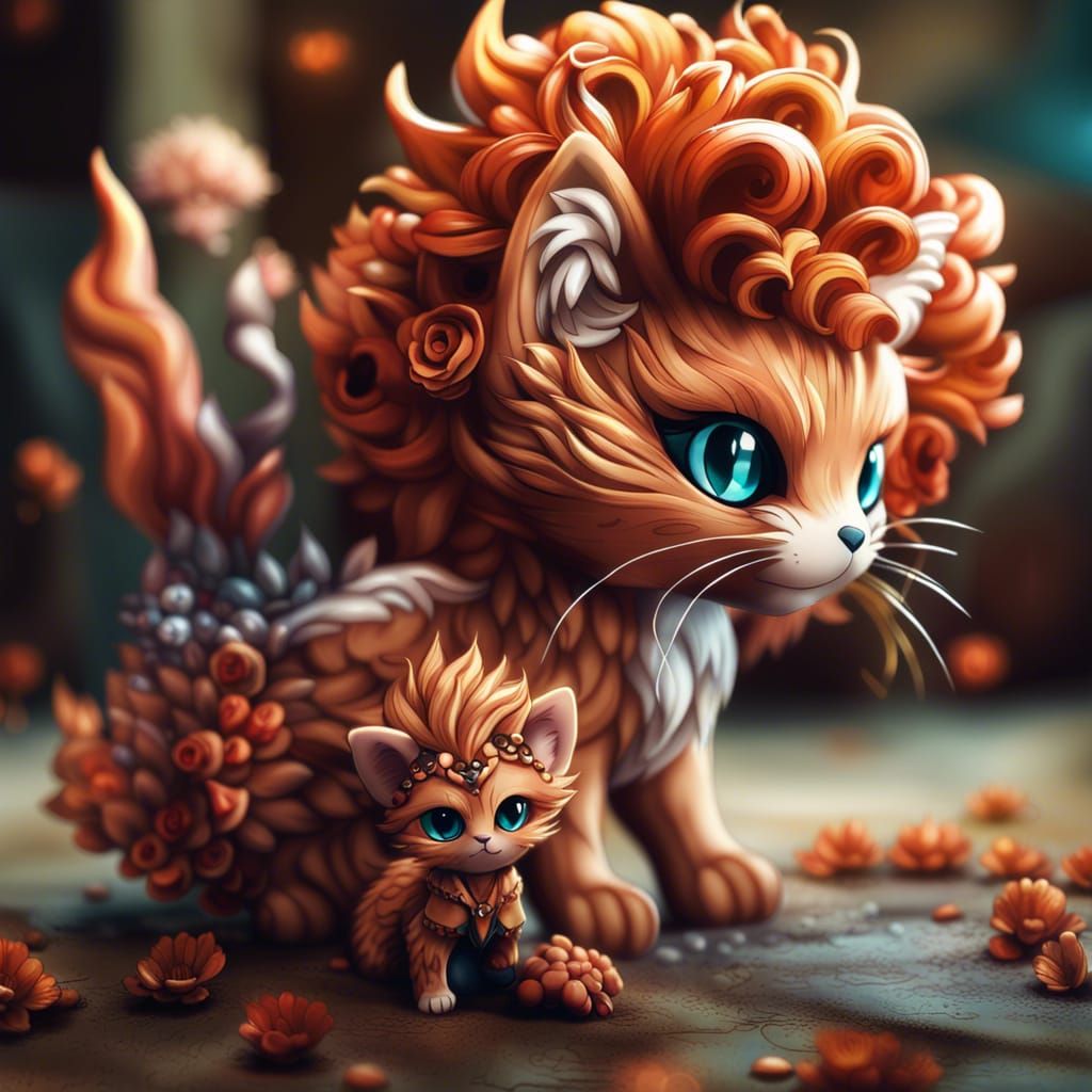 Chibi cat with a vulpix intricate details,