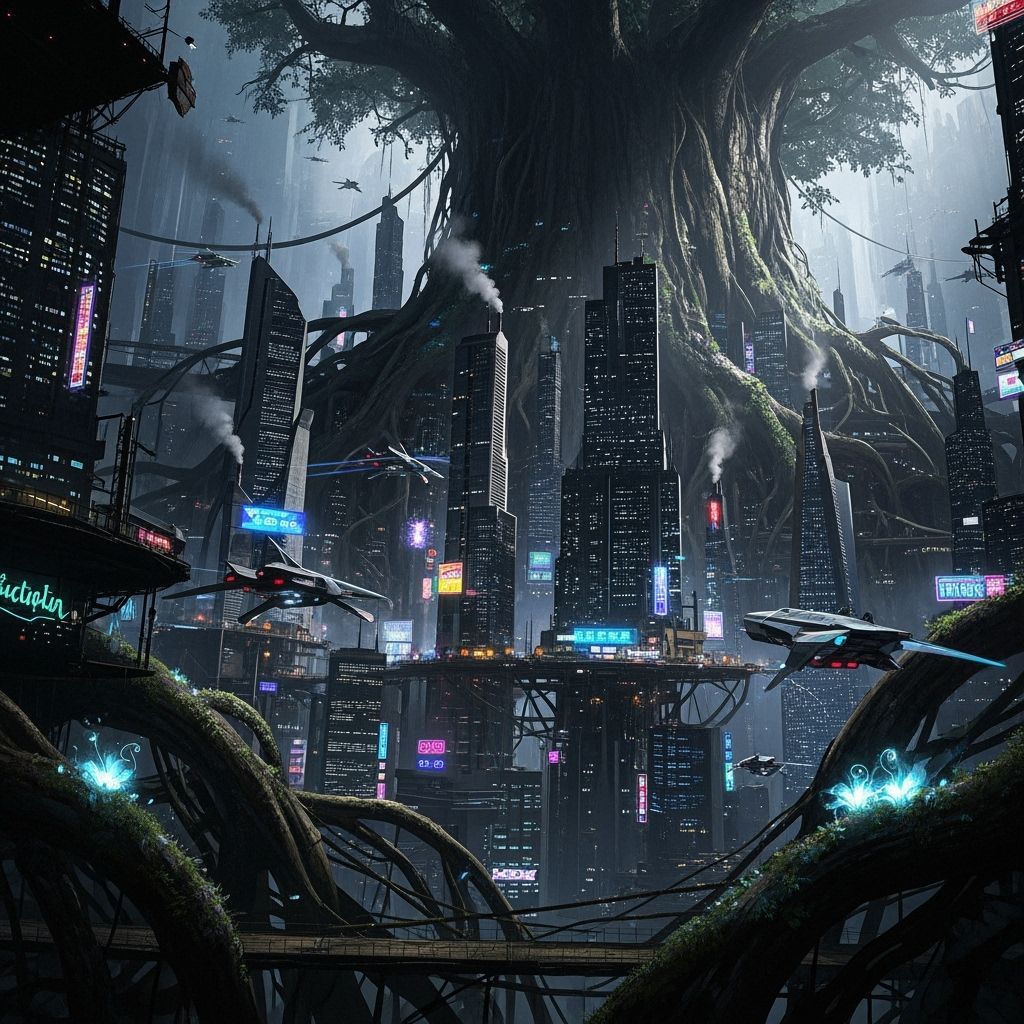 Cyberpunk Metropolis Inside a Hollow Tree