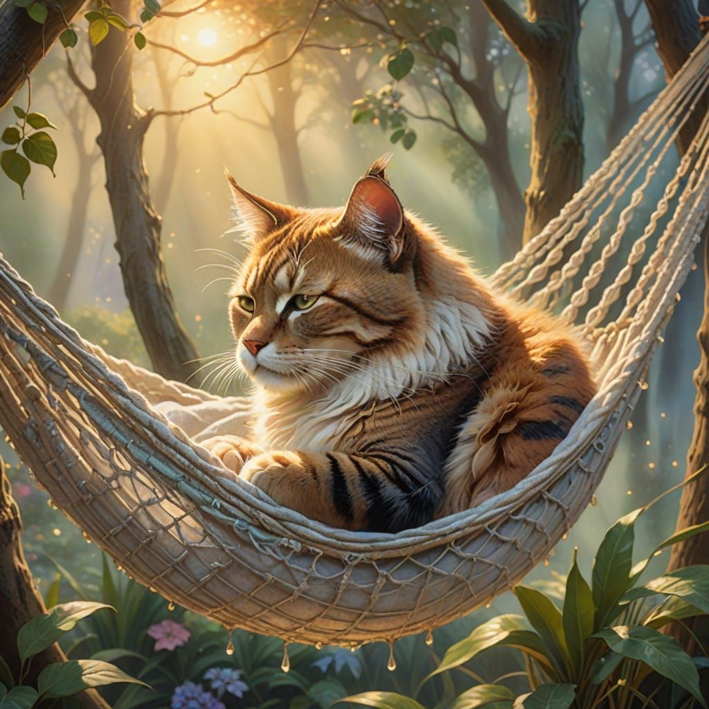 Giant Cat in Hammock: Ethereal Watercolor Fantasy