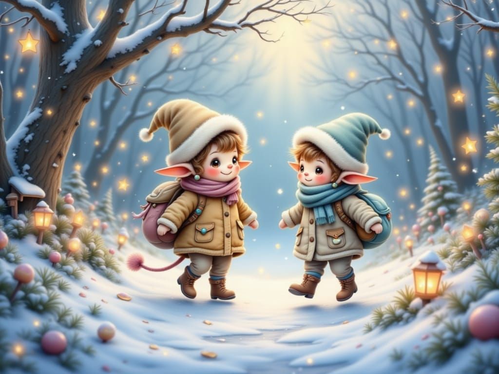 Elf Children Play Happily in Snowy Landscape