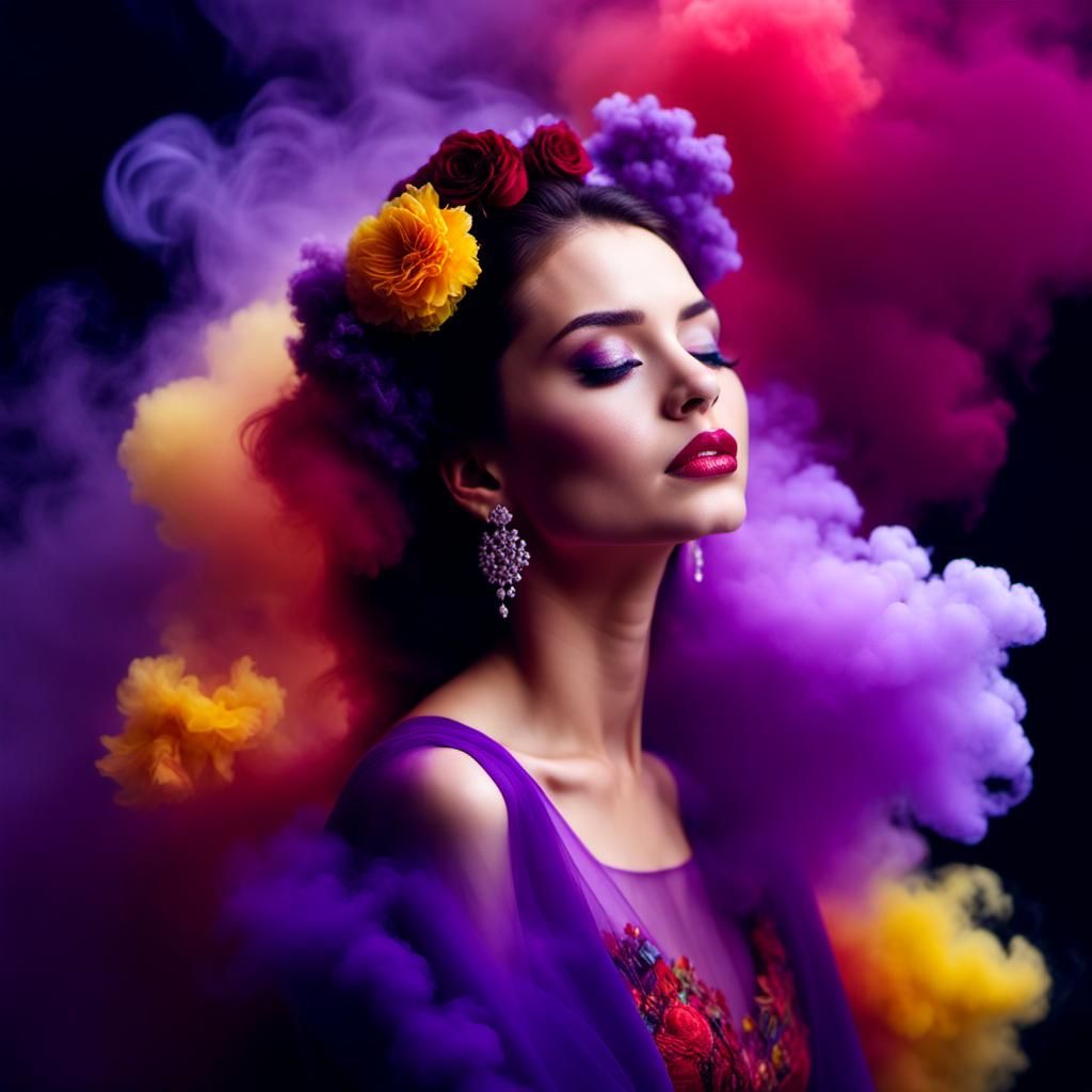 Woman in Dress of Smoke and Flowers