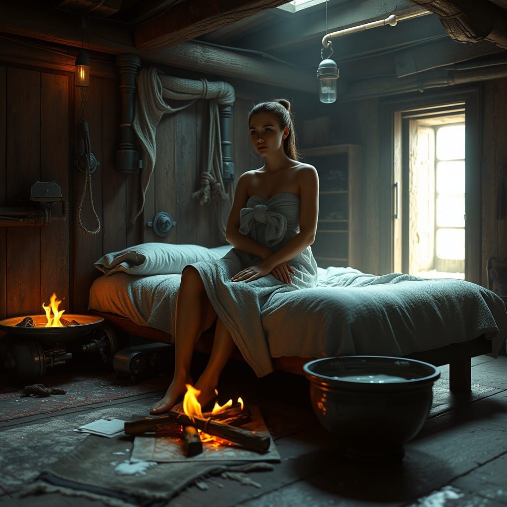 Woman by Fire in Sci-Fi Stable, Cinematic Lighting