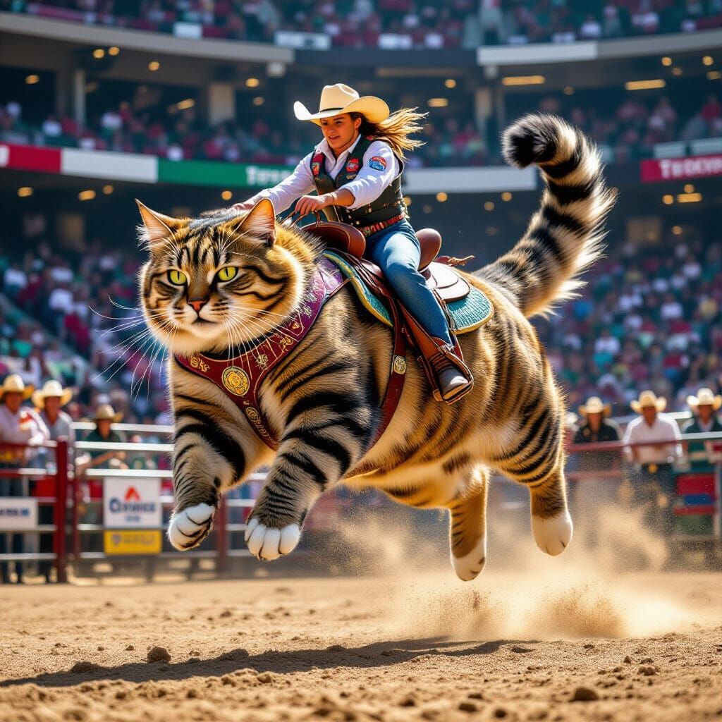 Giant Cat Rodeo: Hyperrealistic Digital Art