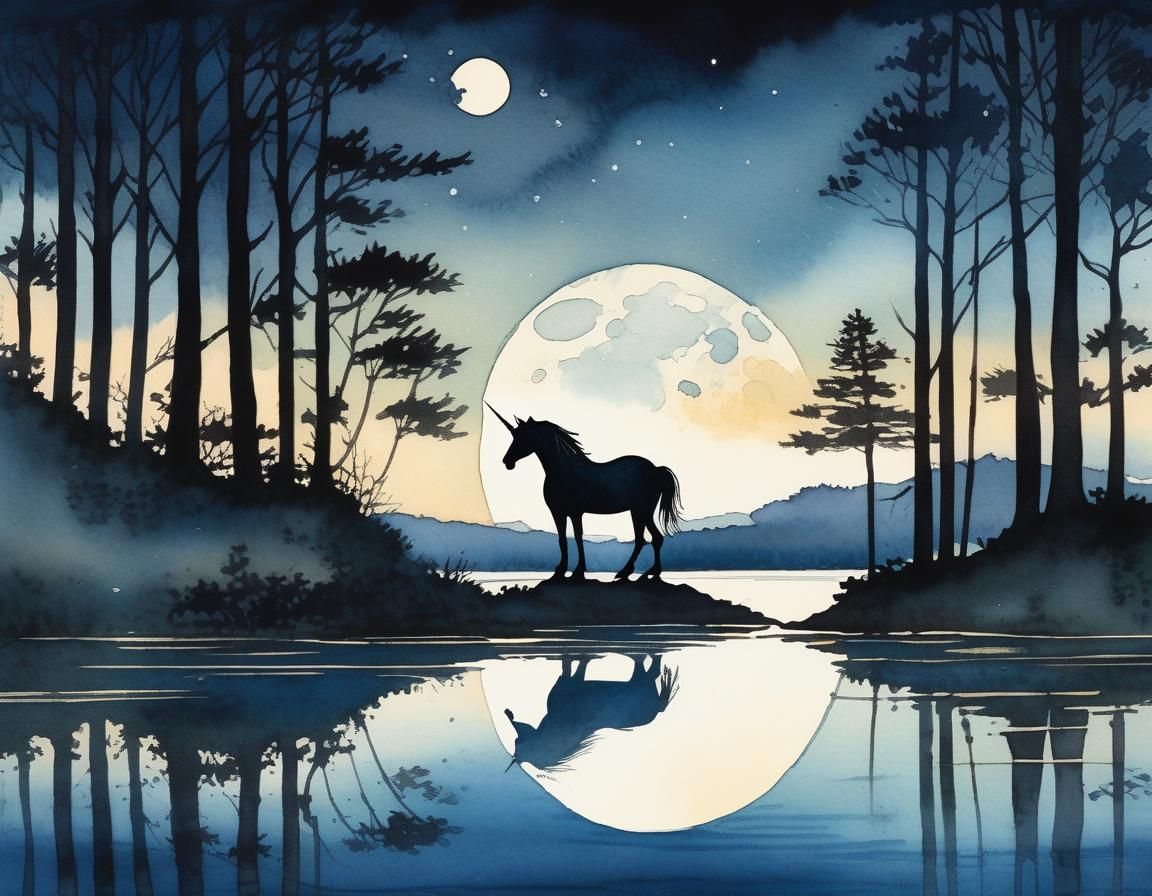 Unicorn at Moonlit Lake in Watercolor Style