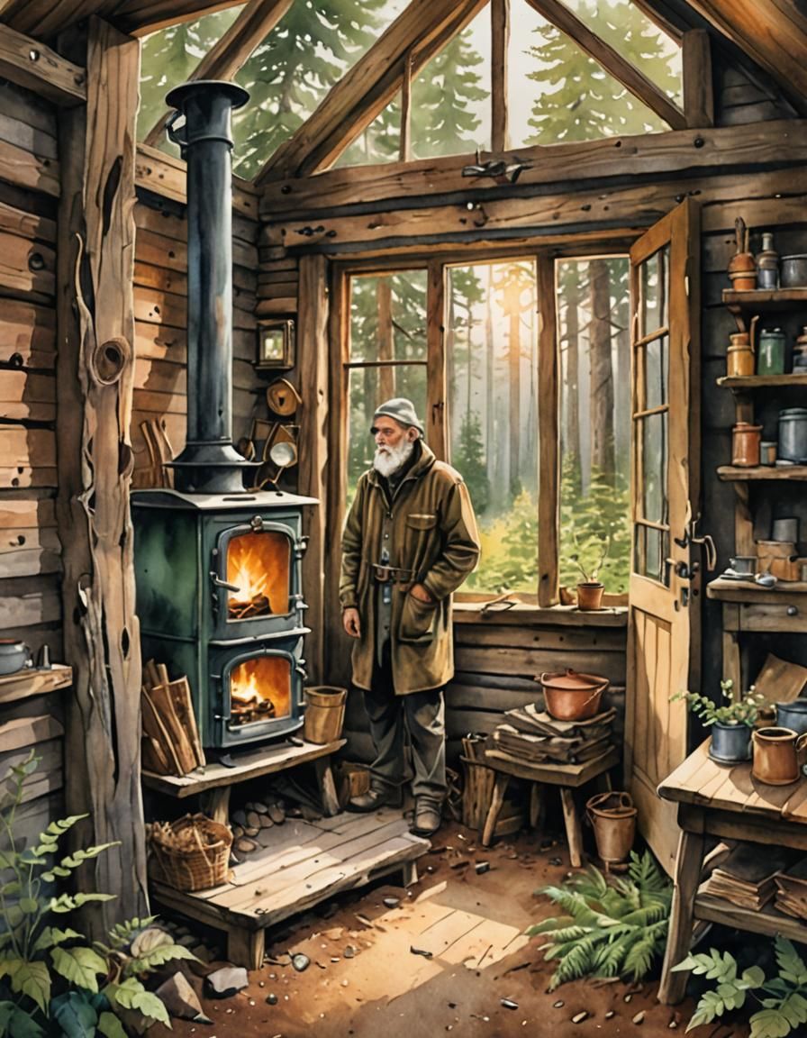Hermit in Rustic Cabin: Whimsical Watercolor Illustration