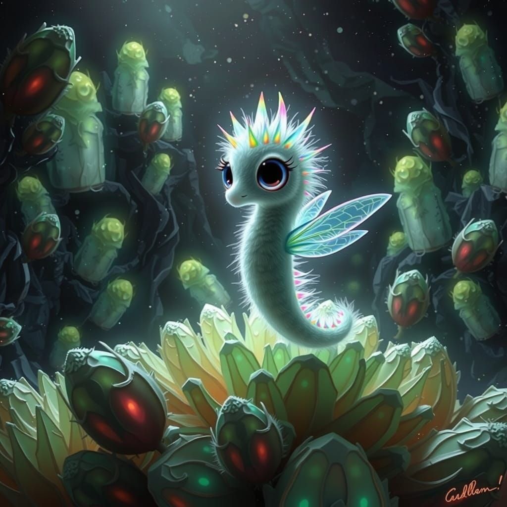 Iridescent Seahorse with Wings in Crystal Cave