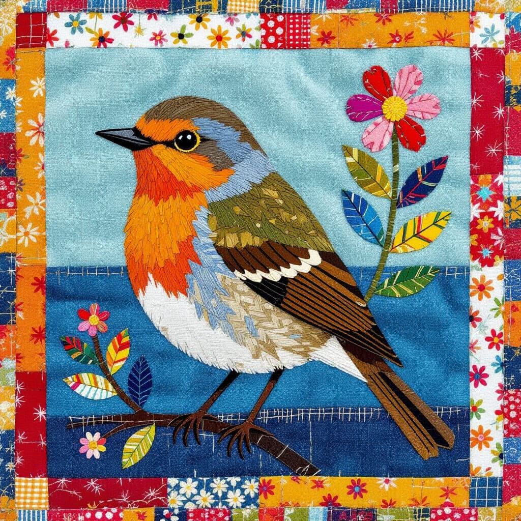 Fabric Patch Robin in Textile Collage Style