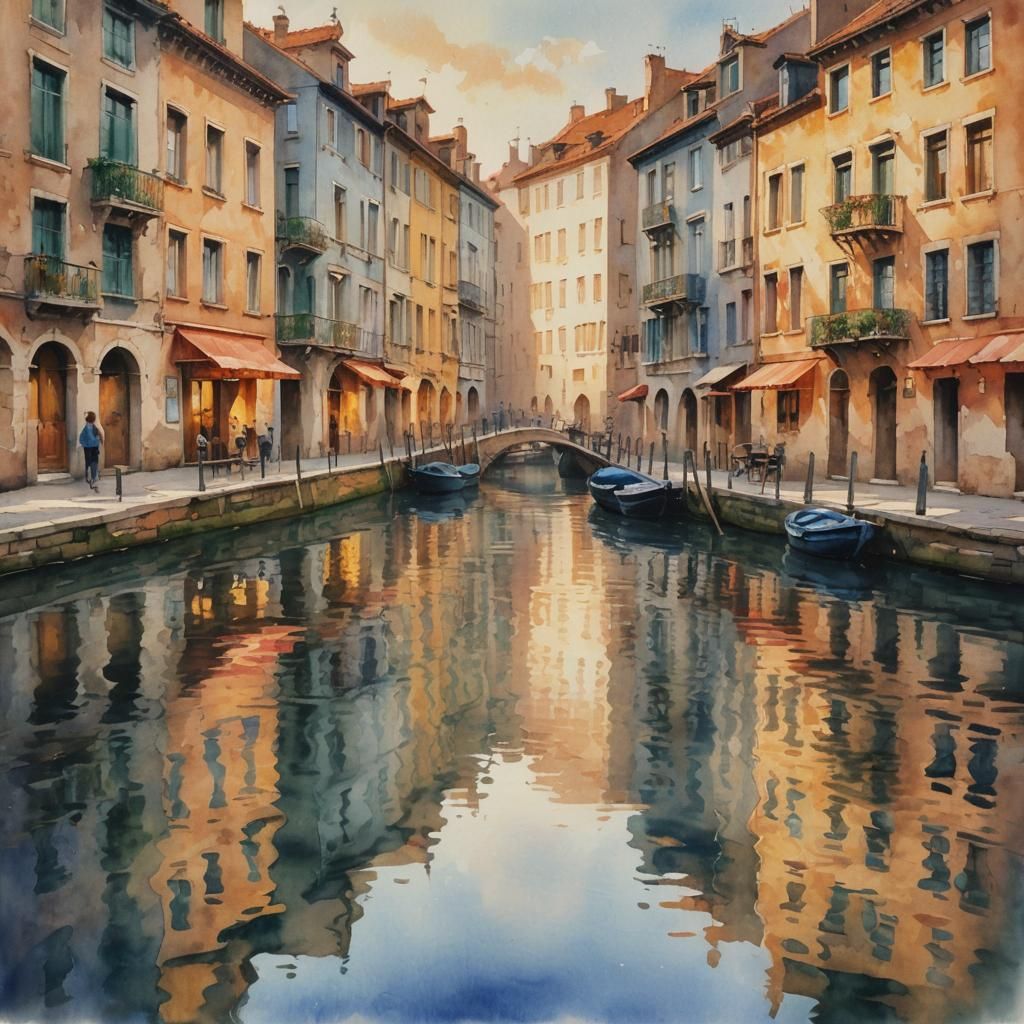 Impressionist Canal Scene at Twilight