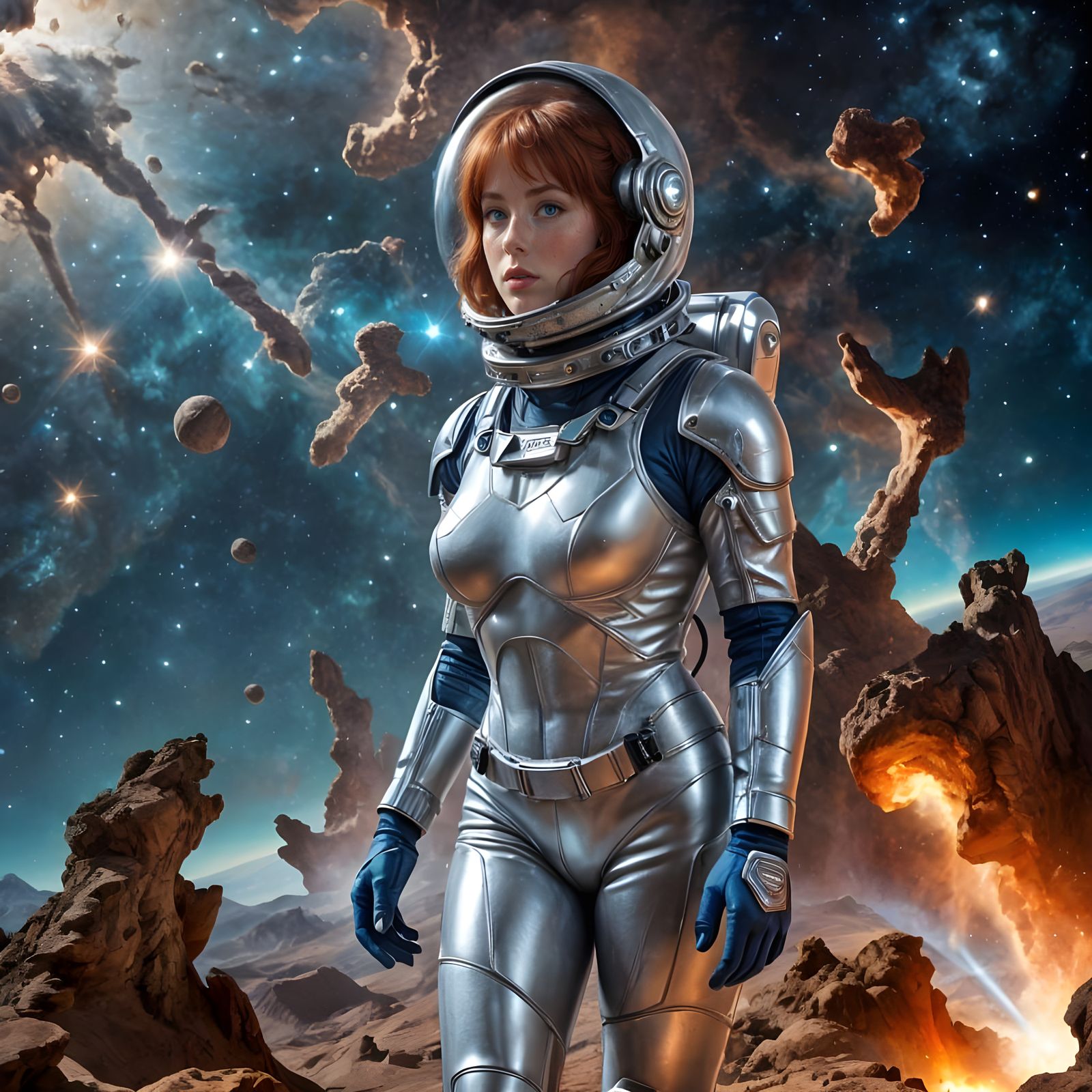 English Cosmonaut in Fitting Silver Spacesuit Explores Cosmi...