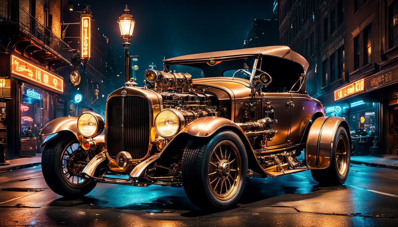 Steampunk Brass Hot Rod Convertible Illuminated by City Ligh...