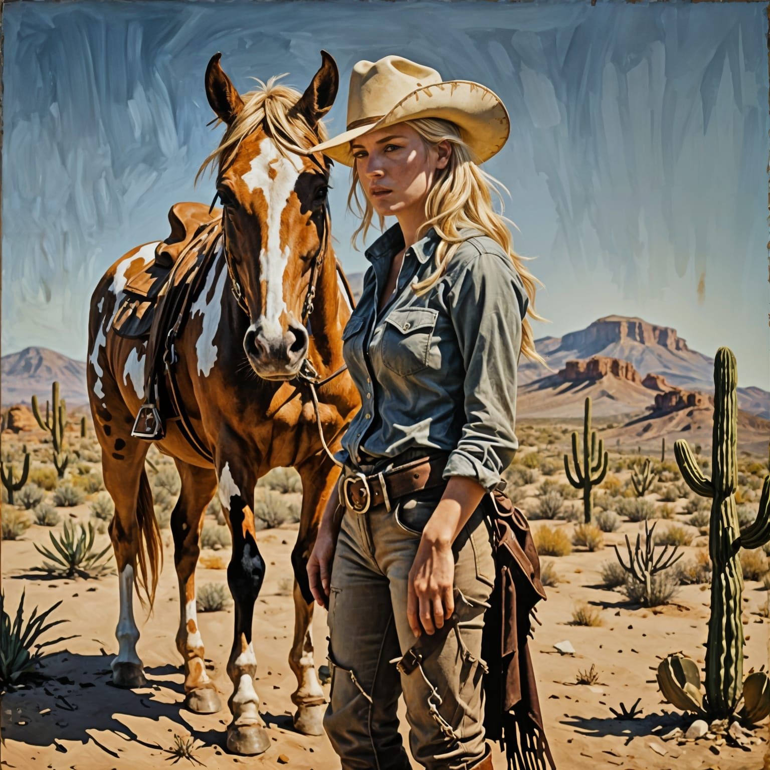 Tenebrism Oil Painting of Wounded Cowgirl and Horse