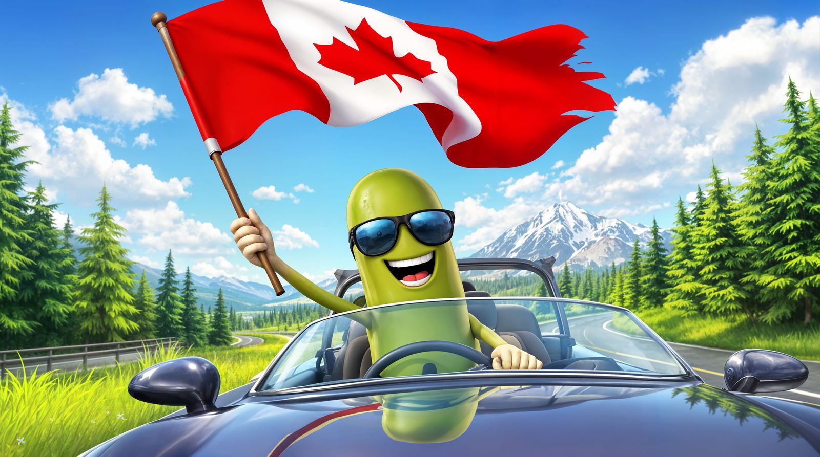 Cheerful CGI Cartoon Pickle Drives Car with Canadian Pride