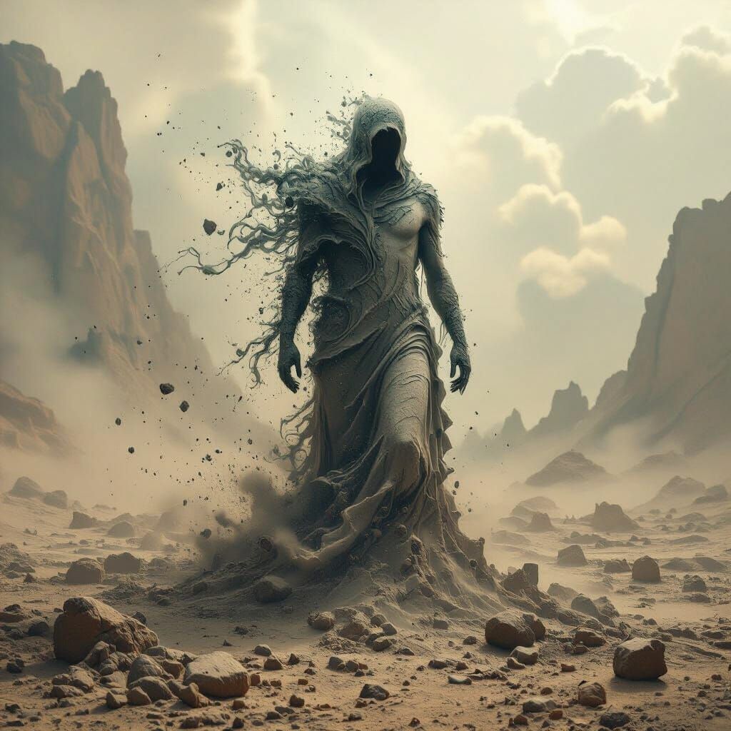 Ethereal Figure Emerges from Earth in Surreal Art