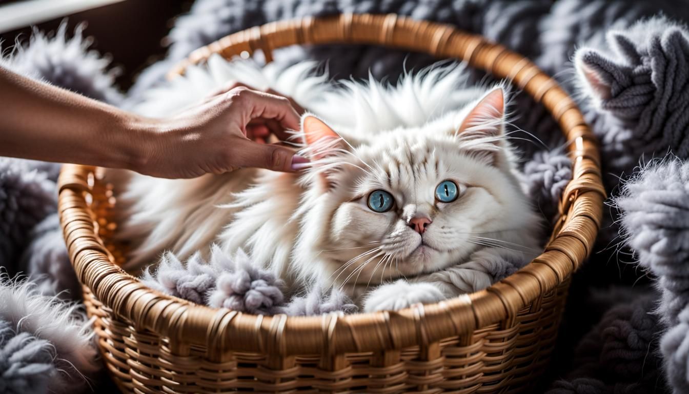 Soft Angora Cat in Wool Basket, Detailed Photo