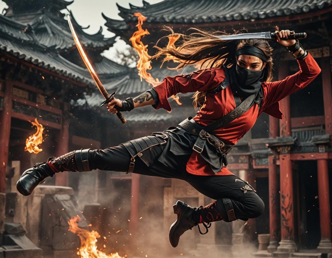 Ninja Woman with Flaming Blade on Temple Roof
