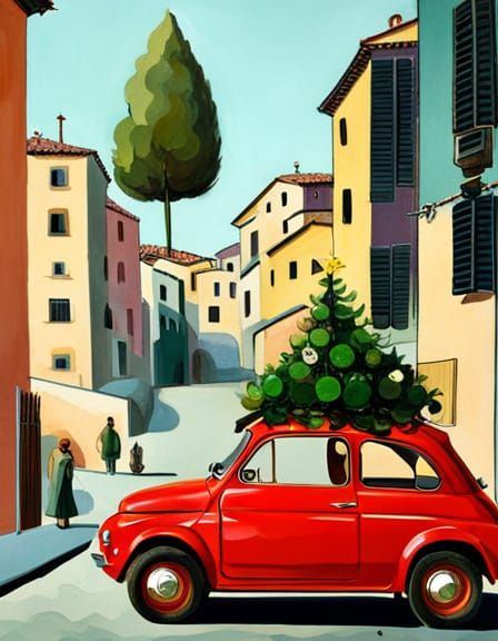 Fiat 500 with Christmas Tree, in Cubist Style