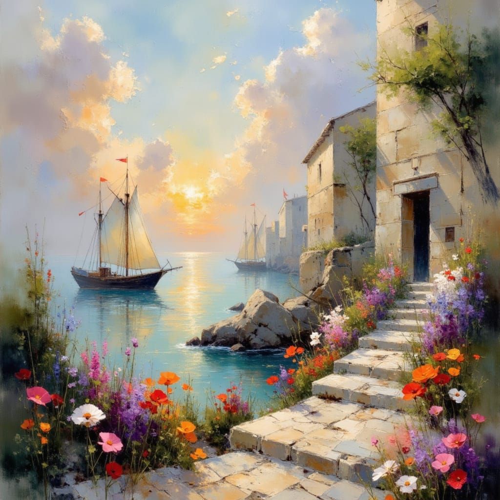 Ancient Mediterranean Coastal Scene at Sunset