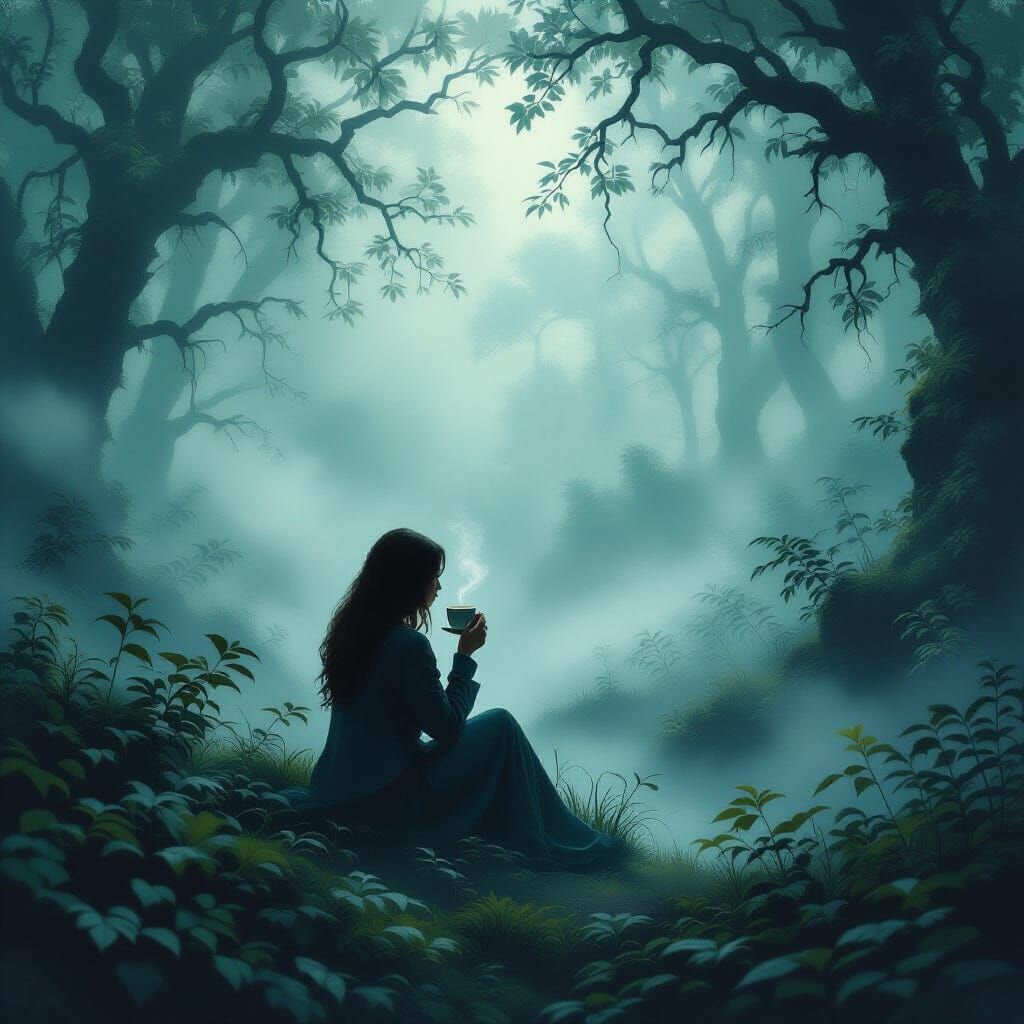 Woman Sipping Coffee in Misty Forest Digital Painting