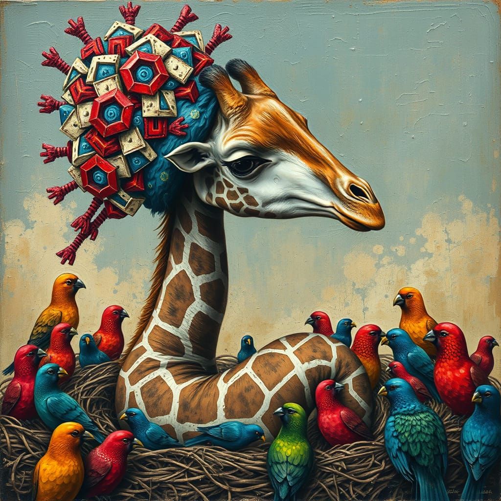 Surrealistic Giraffe in Whimsical Bird's Nest, Blending Orga...